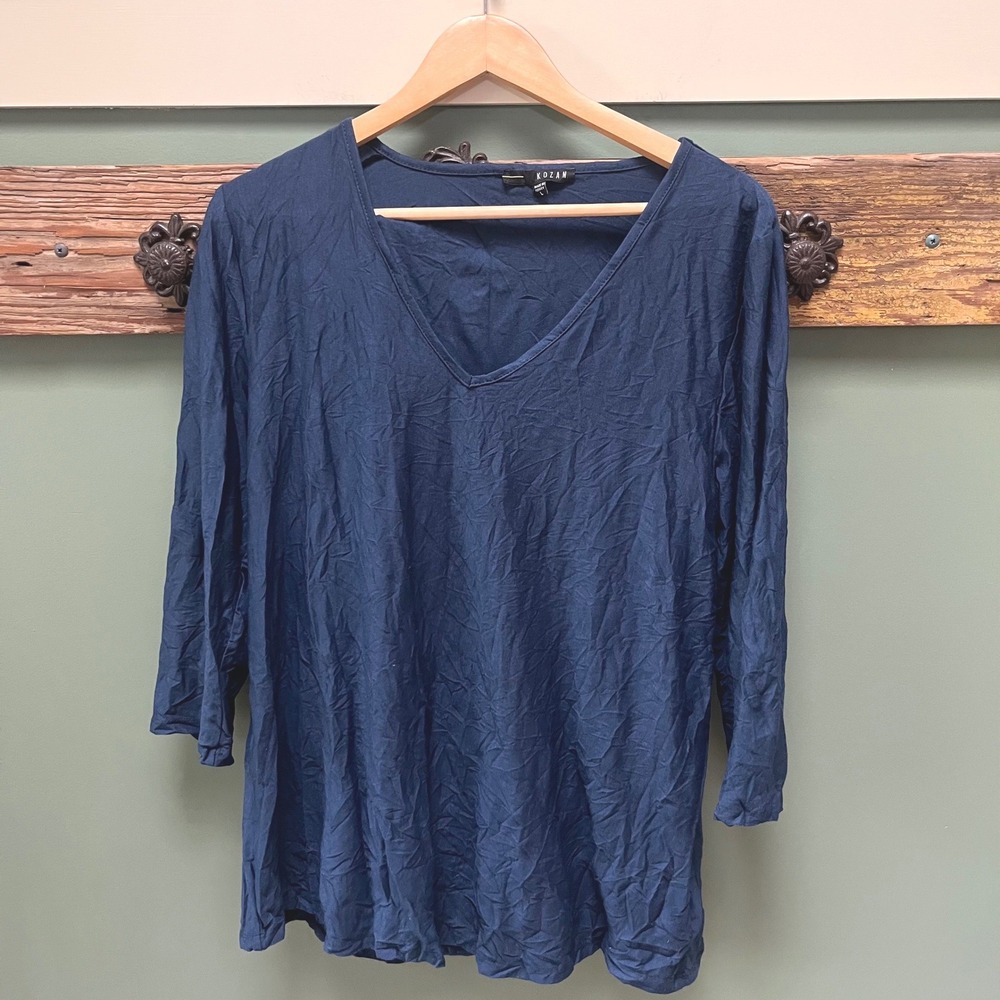 Kozan Navy Blue V-Neck 3/4 Sleeve Crinkled Jersey Knit Top Large Womens